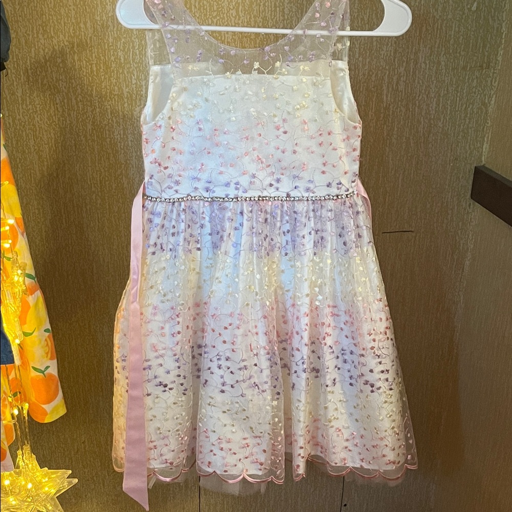 Elegant girls Dress with Pink Purple & Yellow Embroidered Floral Accents